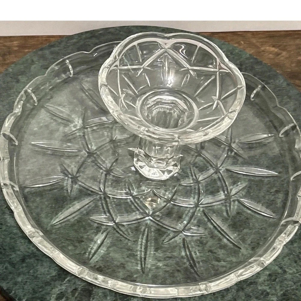 Gorham Lady Anne Clear Pressed Glass Pedestal Cake Stand Starburst Scalloped Rim